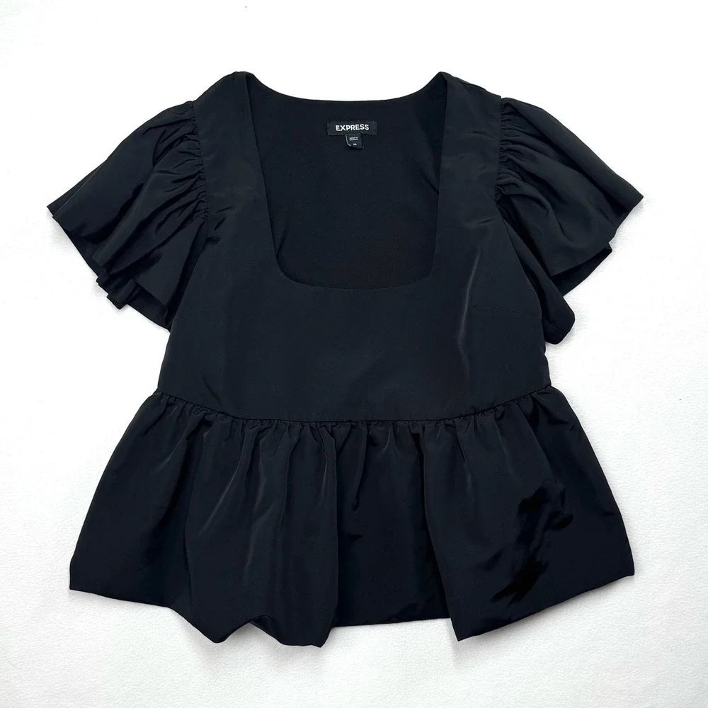 Express Black Square Neck Ruffle Sleeve Peplum Babydoll Top Women's XS Blouse - Picture 2 of 5